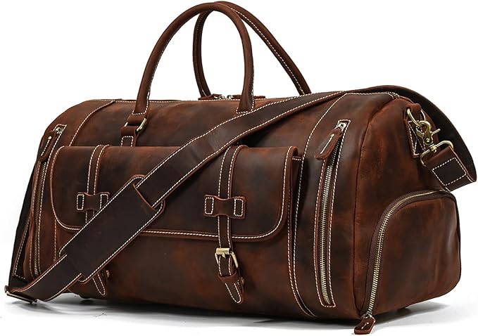 Full-grain Genuine Leather Travel Bag Large Capacity Duffel Luggage Bag with Shoe Compartment, Men Women Shoulder Bag for Weekend Holiday Business Trip, 58cm