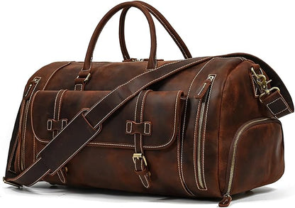 Full-grain Genuine Leather Travel Bag Large Capacity Duffel Luggage Bag with Shoe Compartment, Men Women Shoulder Bag for Weekend Holiday Business Trip, 58cm