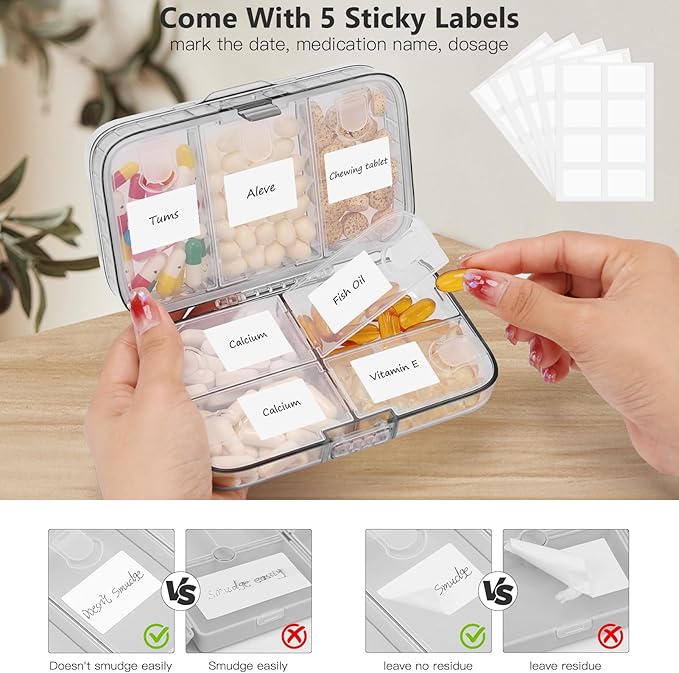 FYY Weekly Pill Organizer with Labels,8 Compartments Travel Daily Pill Case Airtight Moistureproof Large Pill Box to Hold Vitamins, Fish Oil, Supplements,Cotton Swab and Bandages-Grey