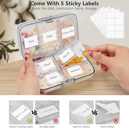 FYY Weekly Pill Organizer with Labels,8 Compartments Travel Daily Pill Case Airtight Moistureproof Large Pill Box to Hold Vitamins, Fish Oil, Supplements,Cotton Swab and Bandages-Grey