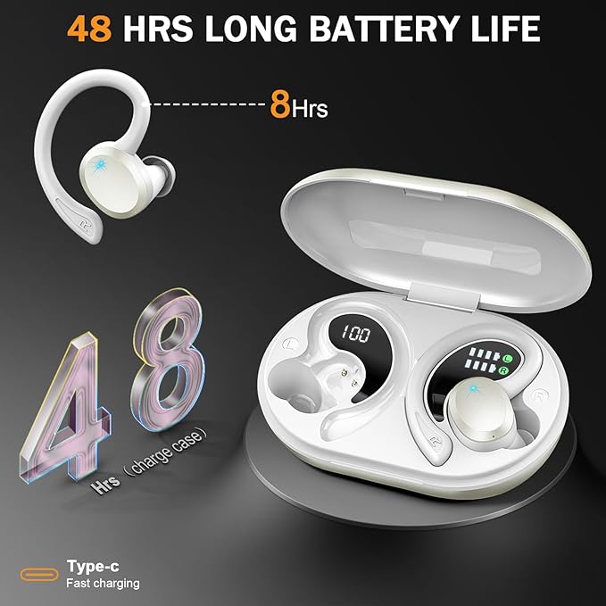 Wireless Earbud, Bluetooth 5.4 Headphones IP7 Waterproof for Sport, 48H Running Wireless Earphones with ENC Noise Cancelling Mic, Deep Bass Over Ear bud with Earhooks for Android, iOS, Workout, Gym