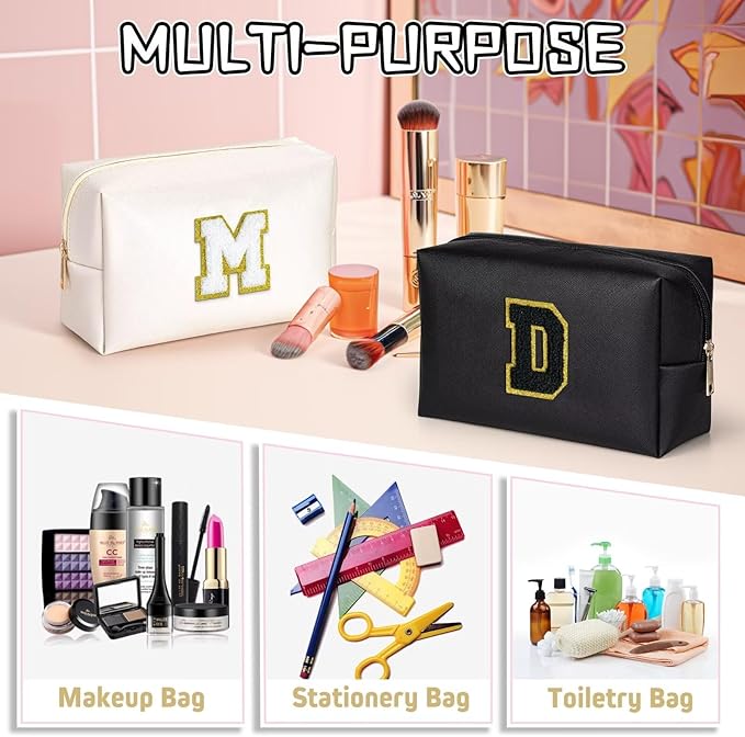 TOPEAST Preppy Makeup Bag, Cute Makeup Pouch PU Leather Waterproof Cosmetic Bag, Personalized Birthday Gifts for Mom Teacher Friends Bridesmaids Nurse, Trendy Stuff for Girls (Black I)