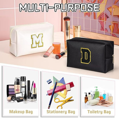TOPEAST Personalized Makeup Bag, Chenille Letter Pouch Cosmetic Bag w Zipper, PU Leather Waterproof Toiletry Bag, Bridal Shower Gifts for Bridesmaids, Cute Stuff for Girls (Black P)