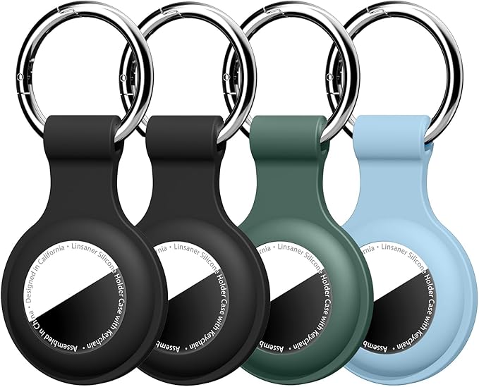 [4 Pack] Compatible with AirTag Holder Keychain Silicone Key Ring Cases Tags Chain for Apple for Air Tag GPS Item Finders Accessories, Black/Black/Dark Green/Grey Blue