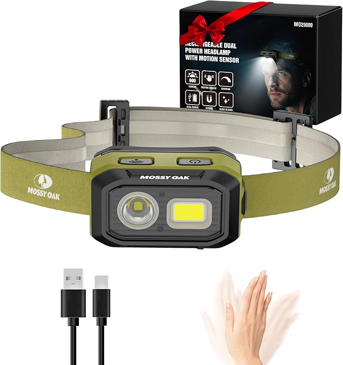 Mossy Oak 600 Lumens LED Headlamp, Dual Power Source, Motion Sensor Head Lamp with Magnetic Base, Stepless Dimming, Memory Mode for Camping, Running, Hiking, Christmas Gifts