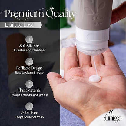 unigo Travel Bottles For Toiletries, 3.oz TSA Approved Containers, Travel Size Toiletries, Shampoo and Conditioner Bottles, Leak Proof and Refillable Bottles, Extra Bottle Covers (Multicolor C)