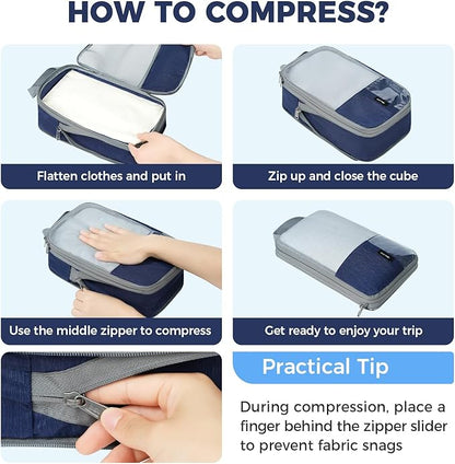 BAGAIL 6 Set Lightweight Compression Packing Cubes with Packing List, Anti-Tearing Expandable Organizer Bags for Travel, Navy