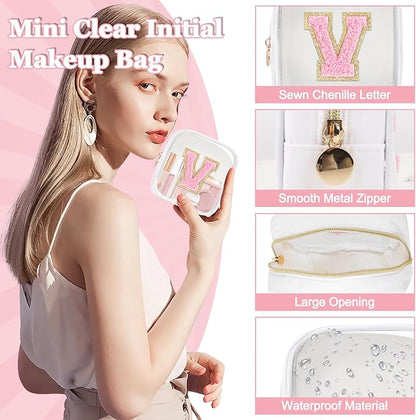 Mini Clear Personalized Initial Makeup Bag,Small Nylon Waterproof Zip Beach Cosmetic Pouch,Preppy A-Z Chenille Letter Patch Cute Coin Purse Travel Toiletry Bag Car Pack Bag for Women(White-Pink V)