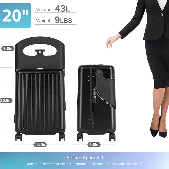 smilesun 20" Carry On Luggage with Seat For Kids & Adults，Hardside Ride On Suitcase with 360°Spinner and TSA Lock For Travel(Black, 20-in)