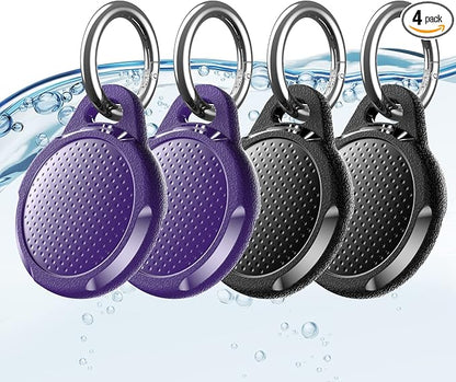 Waterproof Case for Airtag, 4 Pack Air tag Keychain Holder Compatible with Apple AirTags, Durable Protective Case with Keyring/Strap for Luggage, Backpack, Dog Collar, Black/Purple