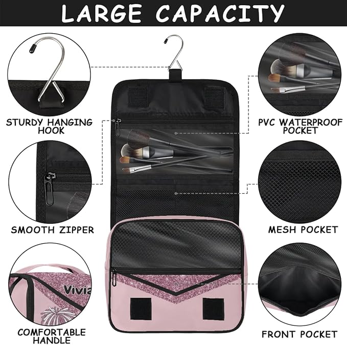 Custom Name Cheer Toiletry Bag Travel Bag with Hanging Hook, Makeup Cosmetic Bag Travel Full Sized Container Organizer for Shampoo, Toiletries, Dark Pink Glittering Cheerleading