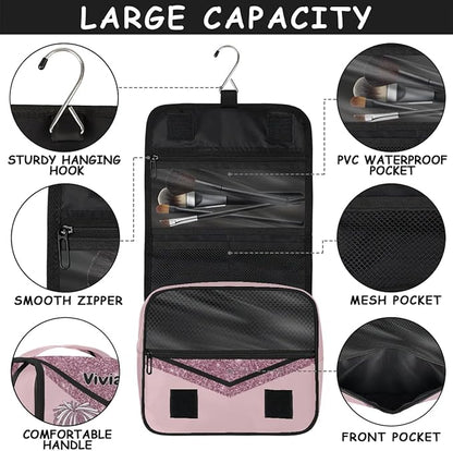 Custom Name Cheer Toiletry Bag Travel Bag with Hanging Hook, Makeup Cosmetic Bag Travel Full Sized Container Organizer for Shampoo, Toiletries, Dark Pink Glittering Cheerleading