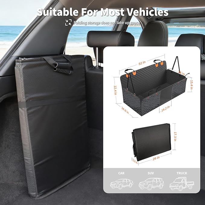 HOTEAGLE Dog Seat Covers for Back Seat, Hard Bottom Back Seat Extender for Dogs, 600D Upgraded Material Waterproof and Comfortable with 400lbs Holds, Ideal for Car Trips and Outdoor Adventures（Black）