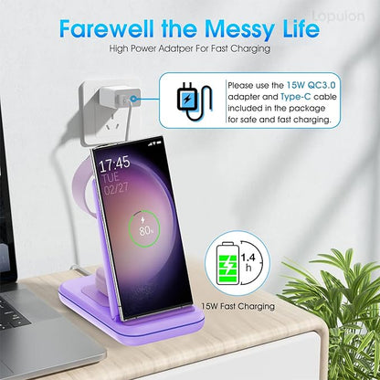 Wireless Charging Station for Samsung/Android, Fast Wireless Watch Charger Station Compatible for Samsung Galaxy S25 Ultra/S24/S23+/Z Flip 7/6 Fold 7/6, Watch8/7/Pro/Active 2 Galaxy Buds3/2 Pro(Purple
