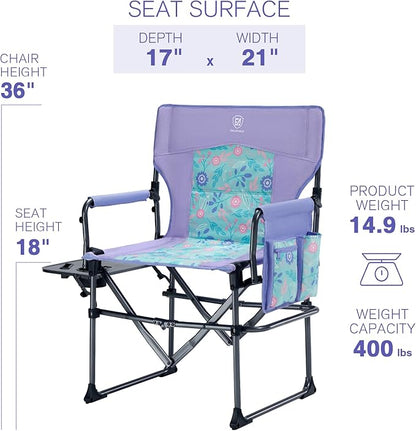 EVER ADVANCED Camping Directors' Chair with Side Table, Portable Folding with Compact Size, Heavy Duty Lawn Chair with Pocket for Camping, Lawn, Sports and Fishing, 400lbs, Purple