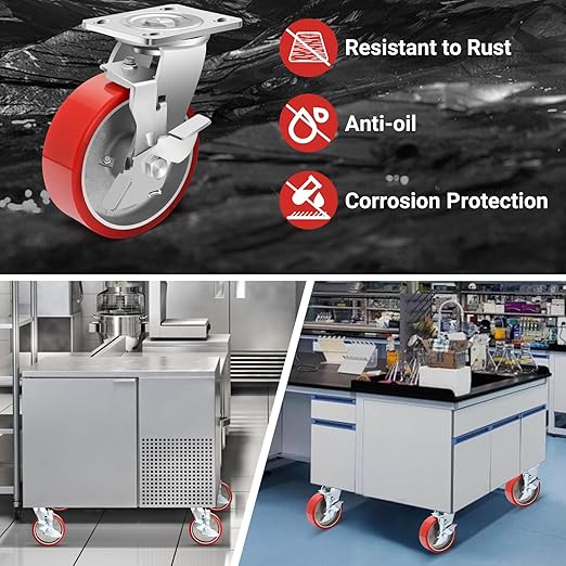 Nefish 6 Inch Heavy Duty Industrial Grade Casters Wheels, Aluminum Core PU Castor Set of 4, Durable Plate Swivel Casters with Brake 5000 LBS, Anti-Corrosion Wheels for Industrial, Equipment