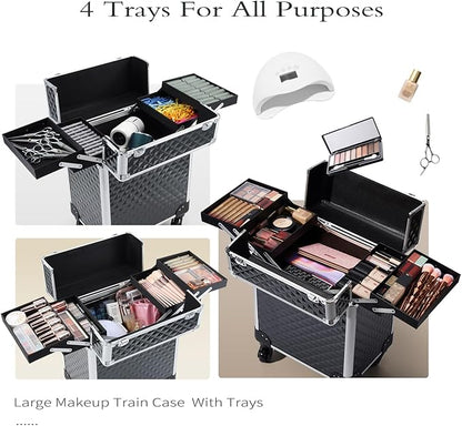 Rolling Makeup Train Case Large Cosmetic Trolley Organized Aluminum Barber Case for Hairstylist Makeup Nail Tech Salon with Keys Swivel Wheels Traveling Cart Trunk - Black