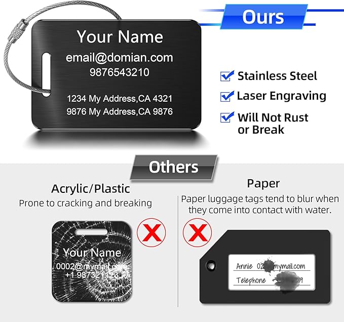 Stainless Steel Personalized Luggage Tags for Suitcases - Custom Name ID Travel Tags for Luggage, Backpacks and Bags - Metal Travel Essentials Accessories for Kids, Women and Men - Bulk Set (4 Pack)