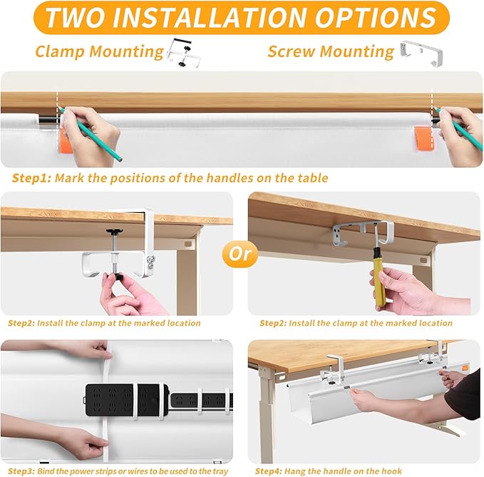 Under Desk Cable Management Tray, No Drill Desk Cord Organizer with Clamp, 28" Fabric Cable Management for Standing Desk Office & Home, White