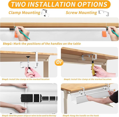Under Desk Cable Management Tray, No Drill Desk Cord Organizer with Clamp, 28" Fabric Cable Management for Standing Desk Office & Home, White