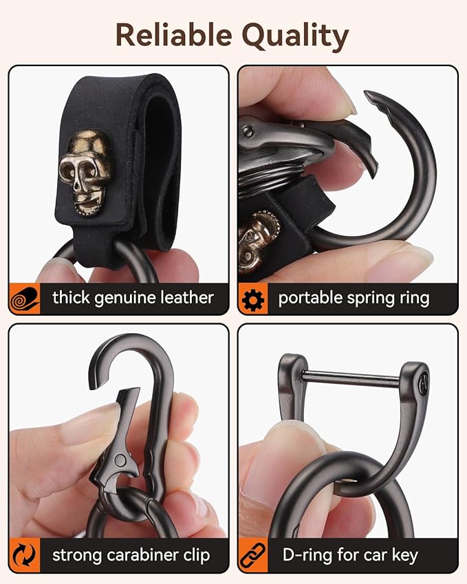 Teskyer Genuine Leather Keychain with Carabiner Clip and Key Ring, Vintage Key Chain Holder for Home/Car Keys