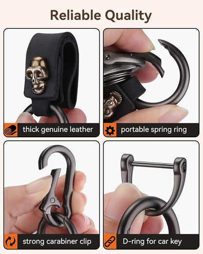 Teskyer Genuine Leather Keychain with Carabiner Clip and Key Ring, Vintage Key Chain Holder for Home/Car Keys