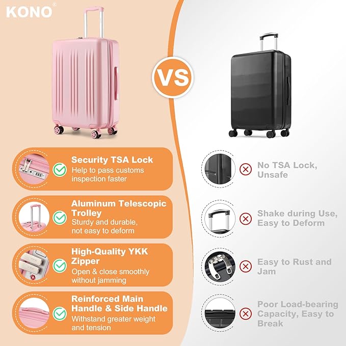 Kono Lightweight 24 Inch Expandable Luggage with Quiet Spinner Wheels TSA Lock, Scratch and Drop Resistant PC+ABS Hardside Durable Medium Checked Suitcase, Pink