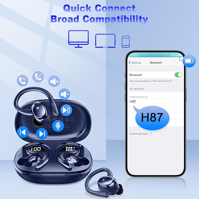 Wireless Earbuds Sport, New Bluetooth 5.4 Headphones with Earhooks, 50H Stereo Deep Bass Over Ear Buds with 4 ENC Noise Canceling Mics, IP7 Waterproof Earphones for Running Workout Gym -Blue