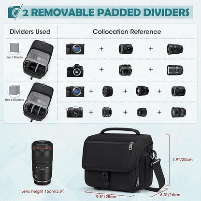 RAINSMORE Camera Bag, DSLR/SLR/Mirrorless Camera Case with Tripod Holder Waterproof Camera Sling Bag Crossbody Camera Bags for Photographers with Rain Cover for Canon/Nikon/Sony/Fuji, Black