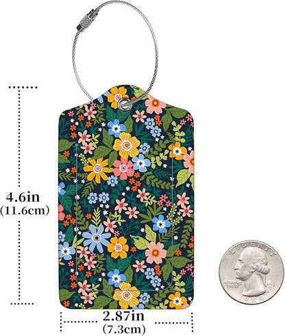 2 Pcs Luggage Tags for Suitcase, Cute Unique PU Leather Travel Bag Tag with Privacy Cover ID Label Address Card and Durable Metal Ring Suitable for Men Women Children Backpack,Flower