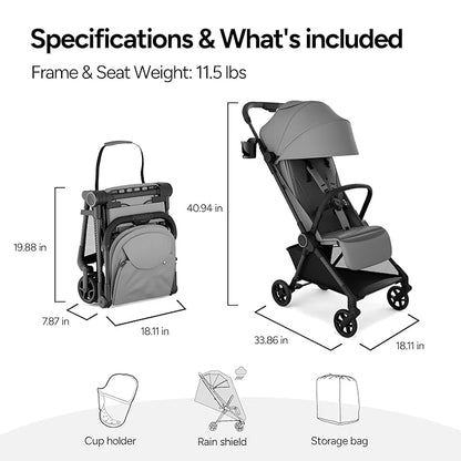 Mompush Nexis Carbon Travel Stroller, Ultra-Lightweight 11.5 lbs, Compact & Airplane Carry-On Approved, One-Second Auto-Fold, One-Hand Full Recline, from Birth to 50 lbs, JPMA Certified