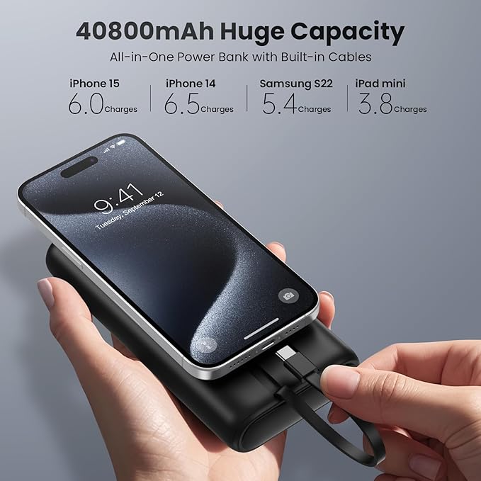 Upgraded Portable Charger 40800mAh Power Bank - Portable Battery with 2 Built in Cables,PD 25W USB C Fast Charging Battery Pack Compatible with iPhone 17 16 15 14 13 Android Phone etc-Black