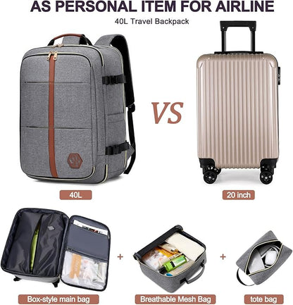 40L Travel Laptop Backpack for Women & Men, Airline Approved Carry On Luggage Overnight Bags, Waterproof Personal Item Bag, Weekender Essentials Backpacks Vacuum Backpack Gray