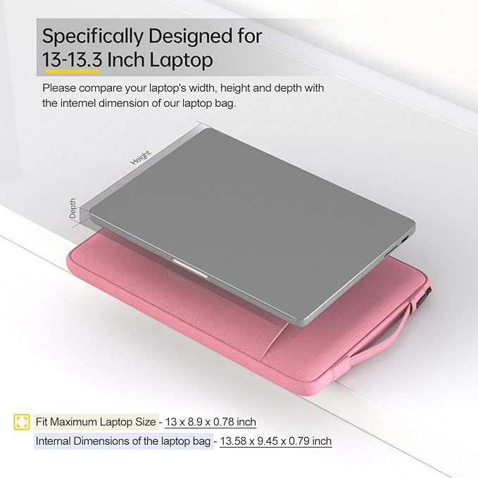 Laptop Case 13.3 inch, 13 inch Laptop Sleeve Compatible with HP Acer ASUS, Dell Latitude, Waterproof Carrying Case with Pockets&Handle, Pink