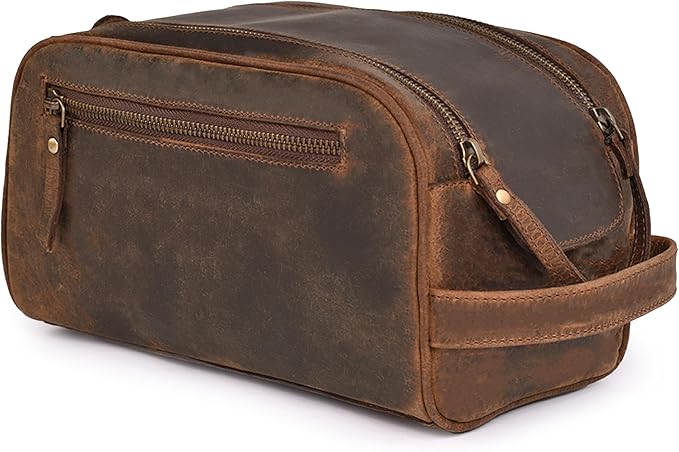 King-Size Premium Leather Toiletry Travel Pouch – Handcrafted Vintage Dopp Kit Bag with Waterproof Lining, Spacious Design for Travel Essentials, Elegant Brown Finish