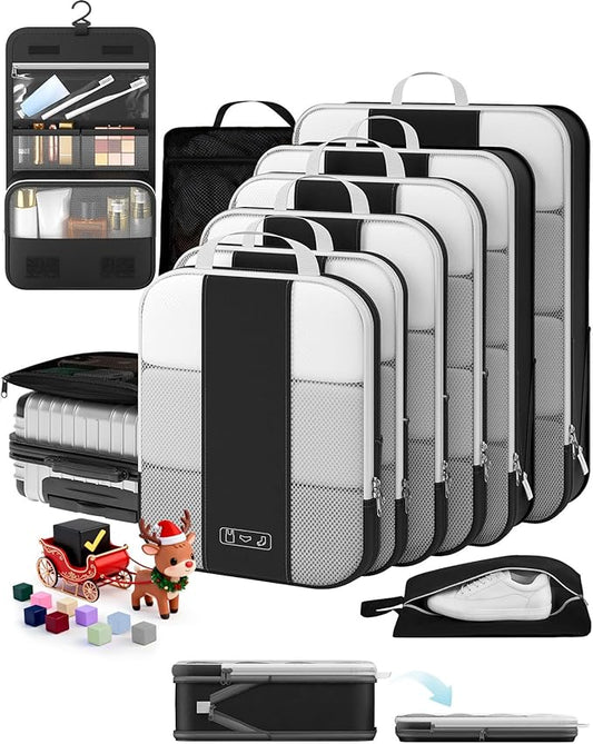 10 Set Compression Packing Cubes for Travel Essentials,Compressible Expandable Packing Cubes for Suitcase,OlarHike Luggage Organizer Bags for Travel,Handy Helper for Organizing Clothes(Black)