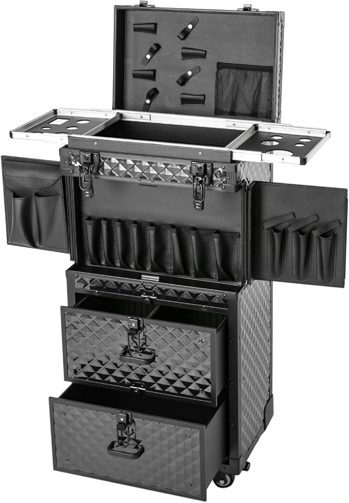 Beauty Luggage Rolling Lockable Makeup Train Case Stylist Cosmetic Luggage Travel Organizer with Hair Dryer Holder & Compartment