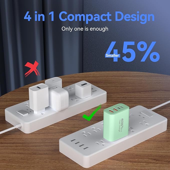 USB C Wall Fast Charger Block, 40W 4-Port Type C Chargers Fast Charging Blocks PD Power Charger Adapter+QC 3.0 USB Multiport Charger Brick for Phone 17/16/15/14/13/12 Pro Max, i-Pad, Galaxy S25-2Pack