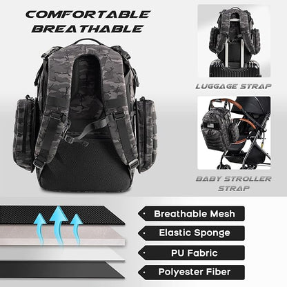 Dad Diaper Bag, Mens Diaper Bag Backpack with Diaper Changing Mat, Military Diaper Backpack with Molle Webbing, Waterproof Pouch, Baby Wipes pocket, Insulated Bottle Pockets- Black Camo