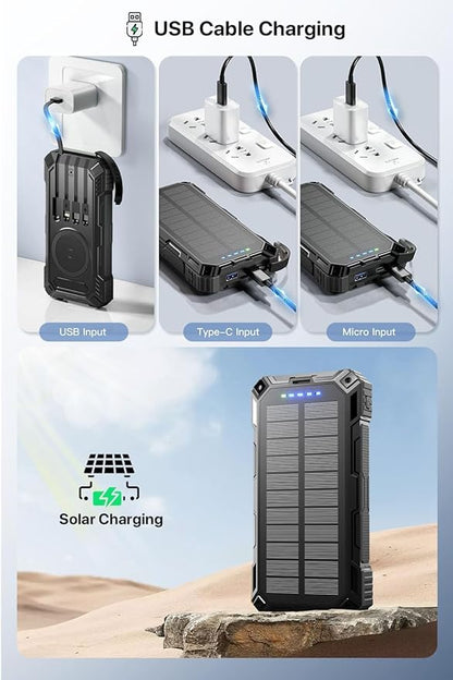 Power Bank 49800mAh Solar Portable Charger Wireless Charging USB-C 15W Fast Charging with 4 Built-in Cables LED Flashlight Battery Pack Compatible with iPhone, iPad, Galaxy, Perfect for Camping