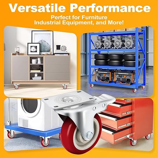 Caster Wheels 2 Inch, Heavy Duty Caster Wheels Set of 4, Swivel Castor Wheels with Dual Locking Brakes, Silent Polyurethane (PU), 360° Rotation, for Furniture and Workbench, Load 600lbs