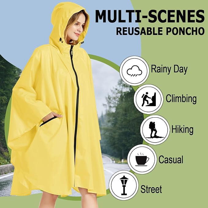 Fashion Hooded Rain Poncho Waterproof Raincoat Jacket with pocket for Women/Men/Adult