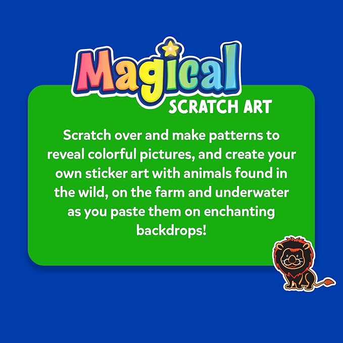 Skillmatics Scratch Art Book for Kids - Animals, Craft Kits & Supplies, 30+ Scratch Stickers, Stocking Stuffers, Travel Toys, DIY Kit, Christmas Gifts for Boys & Girls Ages 3, 4, 5, 6, 7, 8