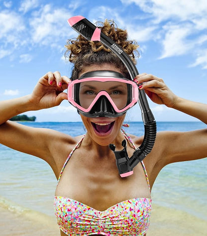 Aegend Snorkeling Gear for Adults Youth Kids, Dry Snorkel Set Panoramic View Enhanced Anti-Leak and Anti-Fog Technology, Adjustable Strap for Snorkeling Scuba Diving Swimming with Mesh Bag