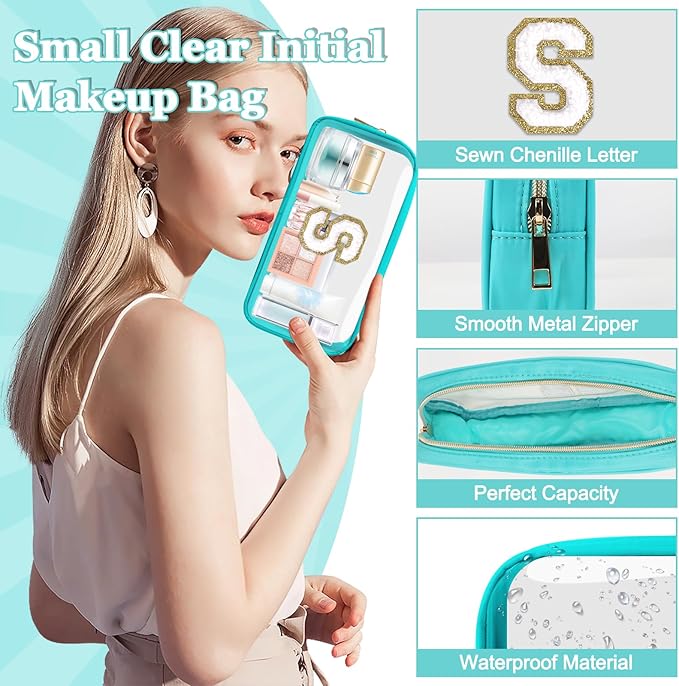 Small Clear Personalized Initial Makeup Bag,Nylon Preppy A-Z Chenille Letter Patch Cosmetic Pouch Beach Toiletry Bag,Waterproof Zipper Travel Purse Storage Bag Organizer for Women Girls(Cyan-White S)