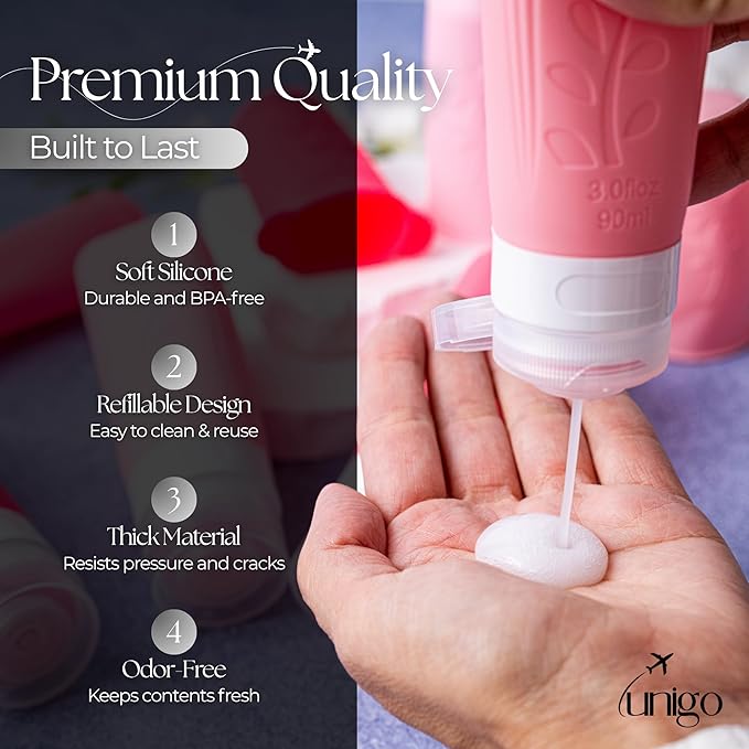 unigo Travel Bottles For Toiletries, 3.oz TSA Approved Containers, Travel Size Toiletries, Shampoo and Conditioner Bottles, Leak Proof and Refillable Bottles, BPA Free, Extra Bottle Covers (Pink)