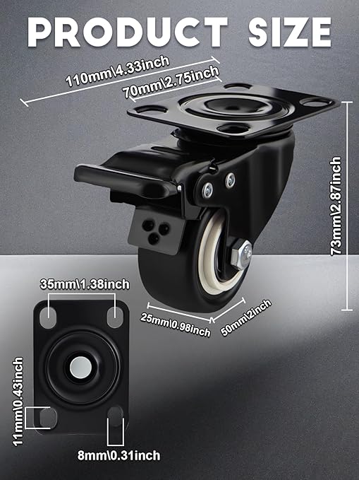 2 Inch Caster Wheels Set of 32 Heavy Duty Casters,with Brake,No Noise Locking Polyurethane (PU) Wheels, for Furniture and Workbench Load 800lbs
