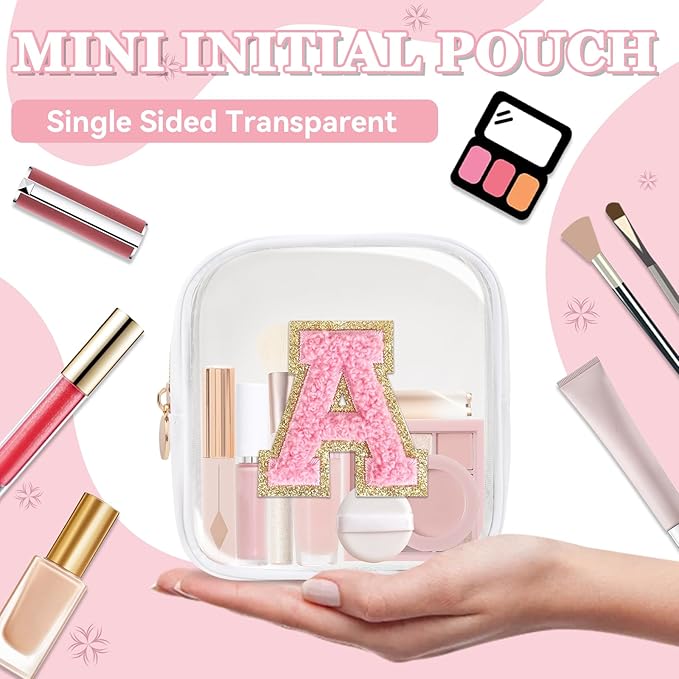 Mini Clear Personalized Initial Makeup Bag,Nylon Preppy A-Z Chenille Letter Patch Zipper Cosmetic Bag, Small Cute Beach Pouch Travel Purse Sanitary Napkin Storage Bag for Women Girls(White-Pink A)