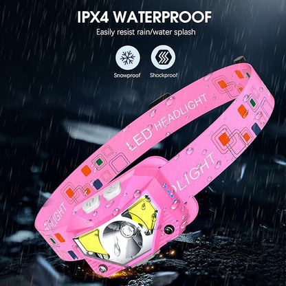 LHKNL Headlamp Flashlight, High Lumen Bright LED Rechargeable Headlight with White Red Light, 2-Pack Waterproof Motion Sensor Head Lamp, 8 Mode for Camping Running Hiking Fishing Gear- Pink