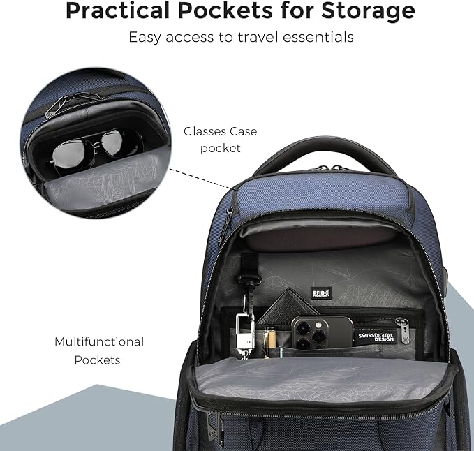 Swissdigital Design Men's Laptop Backpack for College and Business Travel with Integrated USB Charging Port and RFID Protection Fits Laptops up to 15.6 inch, Blue | SD1695-12